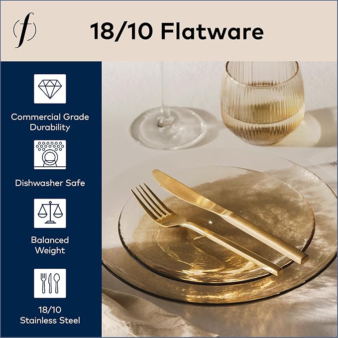 FORTESSA Arezzo 18/10 Stainless Steel Flatware, 20 Piece Place Setting With Table Knives, Forks and Spoons (Service For 4), Dishwasher Safe, Brushed Gold
