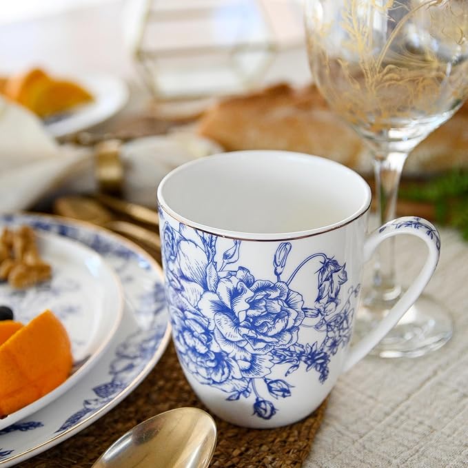 Blue Rose Plates and Bowls Sets Dishes Set for 4, Ceramic Plates and Bowls Set, Service for 4, Bone China Dinnerware Set Salad Dessert Plates, and Cereal Bowls Set, Microwave safe by KOKEN