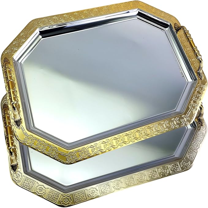(Pack of 2) 20.8 inch x 14.4 inch Octagonal Chrome Plated Silver Serving Tray with Handles Mirror Iron Gold Edge Floor Pattern Engraved Party Buffet Wine Platter Plate TTL-016
