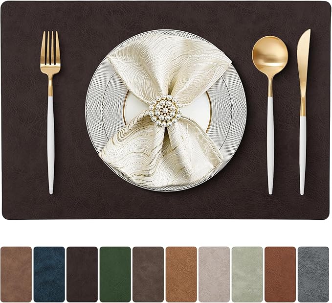 Placemats Set of 4 Reversible Dual-Color Table Placemats, Faux Leather 100% Waterproof Oil-Proof Wipeable Place Mats, Heat Resistant Dual Sided Table Mats for Kitchen/Dining/Party (Dark Brown&Black