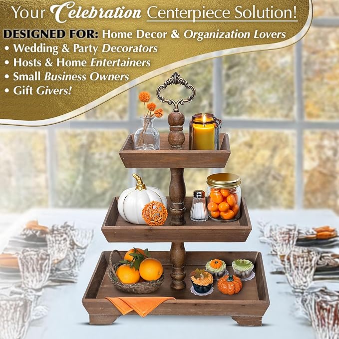 3 Tier Serving Tray [3 in 1] - Gorgeous Coffee Table Tray [Includes 3 Changeable Handles] - Can Assemble into a 1, 2 or 3 Tier Decor - Kitchen Table Centerpiece - Rectangle Wooden Serving Stand