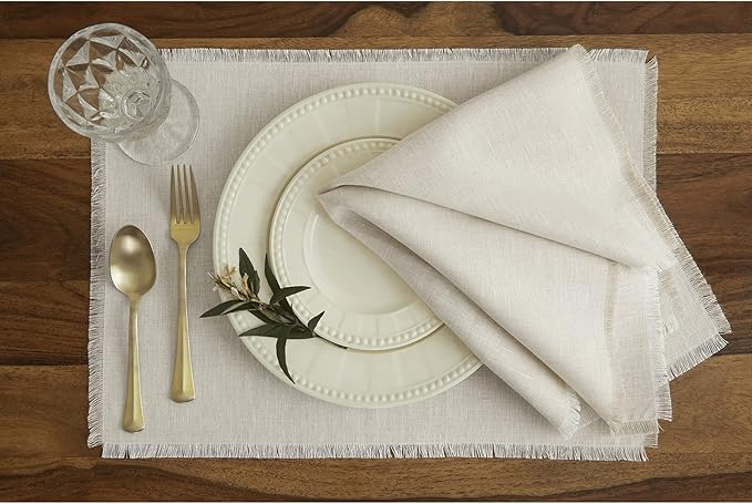 Solino Home Linen Light Natural Placemats Set of 4-100% Pure Linen Placemats 14 x 19 Inch for Christmas, Holiday, New Year - Fringe