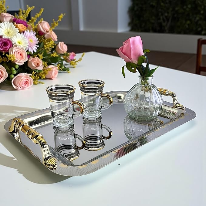 (Pack of 3) 14.2 inch x 10.2 inch Oblong Chrome Plated Serving Tray with Handles Stylish Design Iron Gold Floral Engraved Decorative Wedding Dessert Buffet Wine Platter Plate NC-262