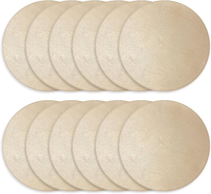Morgan Faux Leather Set of 12 Placemats, 15" Round, Champagne, Heat Resistant, Stain Resistant, Non-Slip, Reversible, Durable Table Mats for Kitchen, Dining Table, Indoor Washable Use