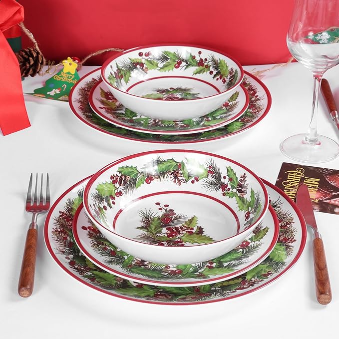 12-Piece Christmas Melamine Dinnerware Sets,Holiday Dishes Set For 4, Lightweight & Stackable for Home&Party plates,Plate and Bowl Sets Ideal for for Indoor Outdoor Use -Christmas Garland