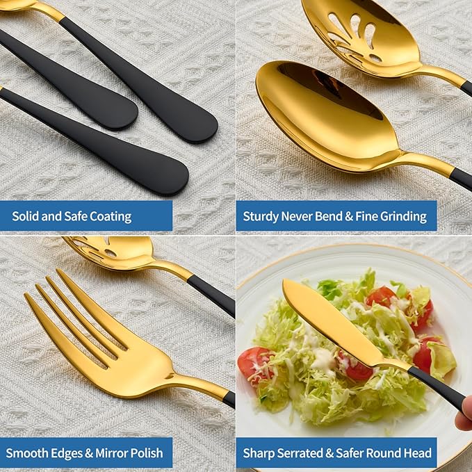 10-Piece Black & Gold Flatware Serving Set, 18/0 Stainless Steel Colorful Handle, Includes Serving Fork, Solid & Pierced Serving Spoon,Sugar Spoon,Butter Knife,Mirror Polished,Dishwasher Safe