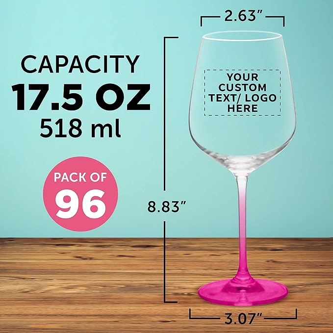 Custom Crystal Wine Glasses 17.5 oz Set of 96, Personalized Bulk Pack - Restaurant Glassware, Perfect for Red Wine or White Wine - Pink