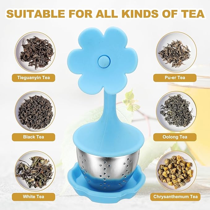 uxcell 2 Pcs Flower Tea Infuser, Stainless Steel Loose Leaf Tea Steeper Filter with Silicone Handle Reusable Coarse Pores Mesh Strainer Diffuser for Teacups Teapots Mugs, Blue