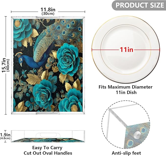 Serving Tray with Handles Clear Acrylic Tray 12x16 Inch Decorative Rectangular Tray Organizer for Ottoman Coffee Table Bathroom Vintage Peacock and Roses