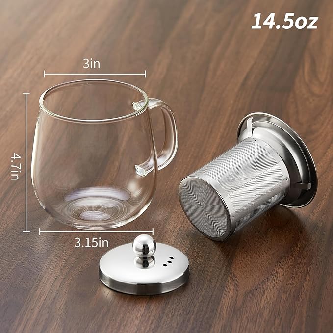 Glass Tea Cup with Infuser and Lid, 14.5oz/450ml Large Borosilicate Glass Teacup with Stailess Steel Filter, Clear Mug for Loose Leaf Blooming Tea, Dishwasher Safe - Tea Maker Gift.