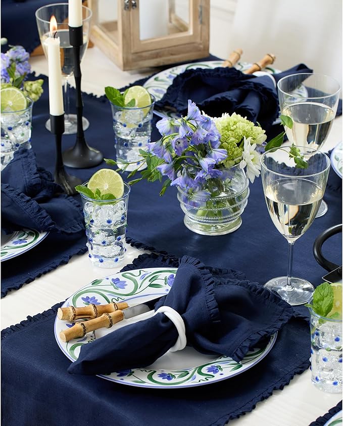 Solino Home Navy Blue Linen Placemats 14 x 19 Inch - 100% Pure Linen Juliette Ruffle Placemats Set of 4 - Handcrafted and Machine Washable Table Mats