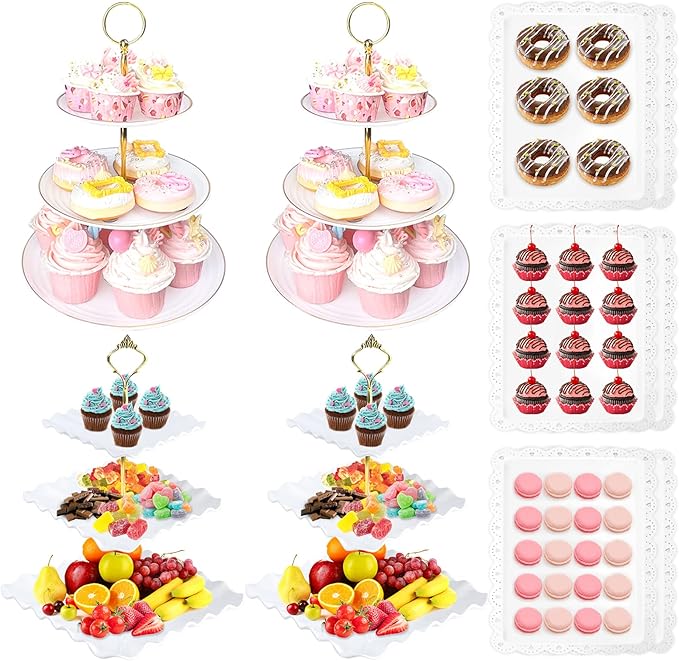 10 Pcs Cupcake Stand Set-Dessert Table Display Set-Cupcake Display Stand-Cupcake Tier Stand with 4X Large 3-Tier Cupcake Stands + 6X Appetizer Trays Perfect for Wedding Baby Shower Home Birthday