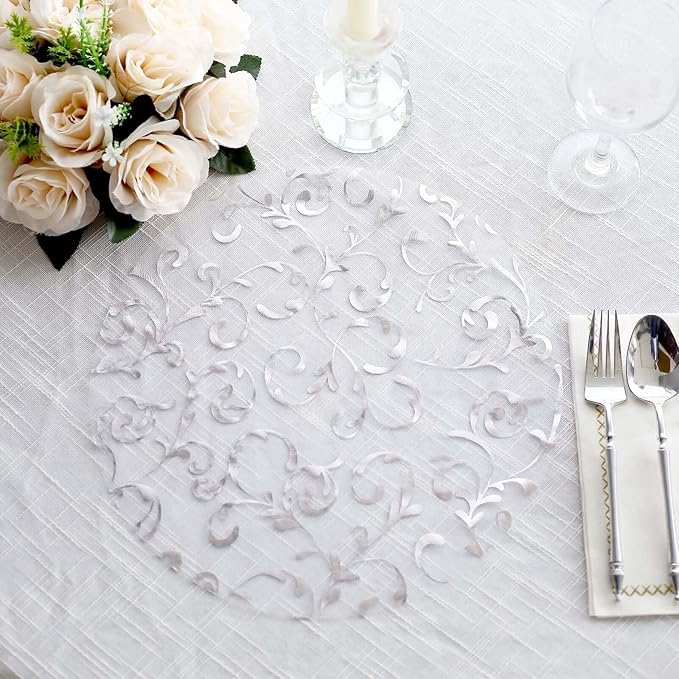20 Pack 13" Silver Sheer Organza Placemats - Round Embossed Foil Flower Design Disposable and Elegant