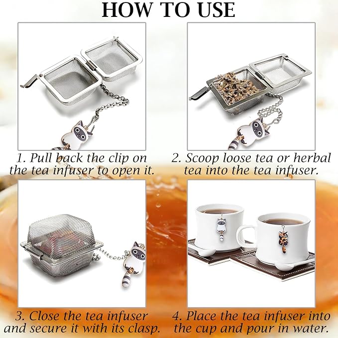 Cat Tea Infuser Set, 2PCS Cubic Loose Leaf Tea Steeper Reusable Stainless Steel Mesh Bags, Cute Tea Strainer with Moving-Tail Cat Charms (Ragdoll & Tortoiseshell)