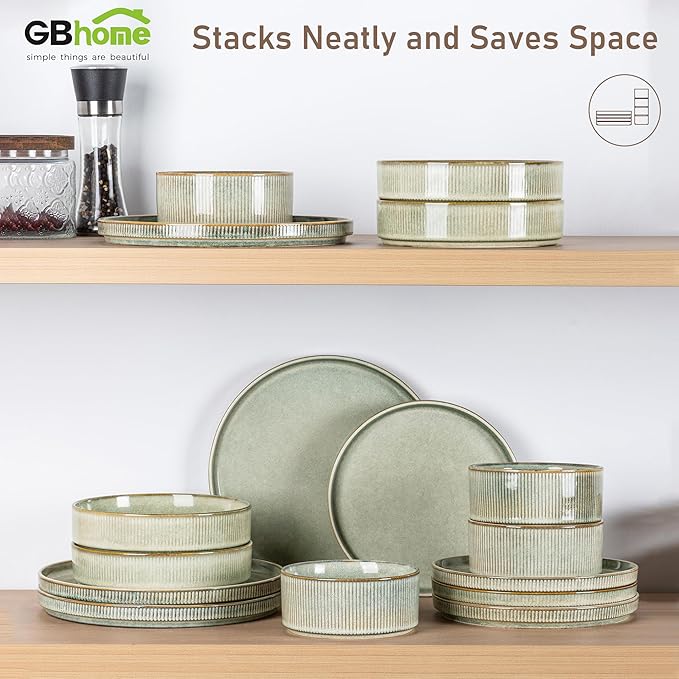 GBHOME 12-Piece Stoneware Dinnerware Set for 4 – Ribbed Ceramic Plates and Bowls, Scratch-Resistant, Microwave & Dishwasher Safe, Reactive Glaze, Desert Sage