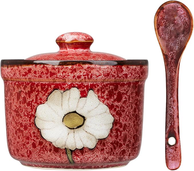 Handmade Ceramic Sugar Bowl with Lid and Spoon, 9oz Porcelain Condiment Jar with Hand-Painted Floral Design, Colorful Seasoning Container for Sugar, Salt, Spices Kitchen (Red)