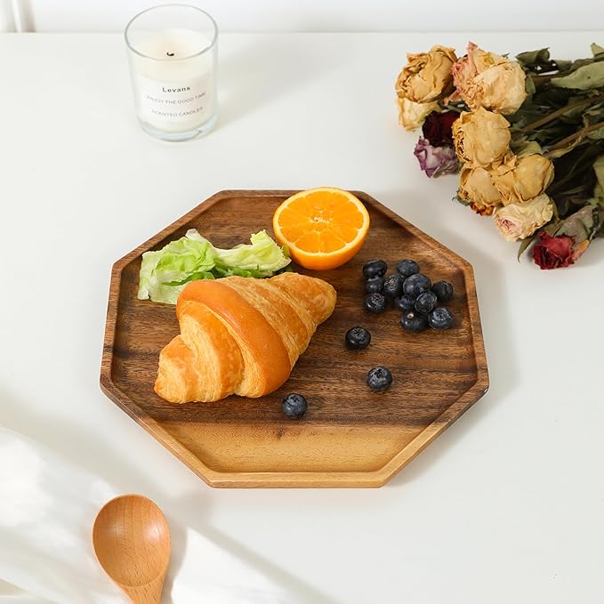 Premium Walnut Wood Octagon Serving Tray Set of 2(8", 10")-100% Natural Wooden Serving Tray for Coffee Table-Great Ottoman Tray Home Decor Platter-Perfect for Serving Drinks & Food