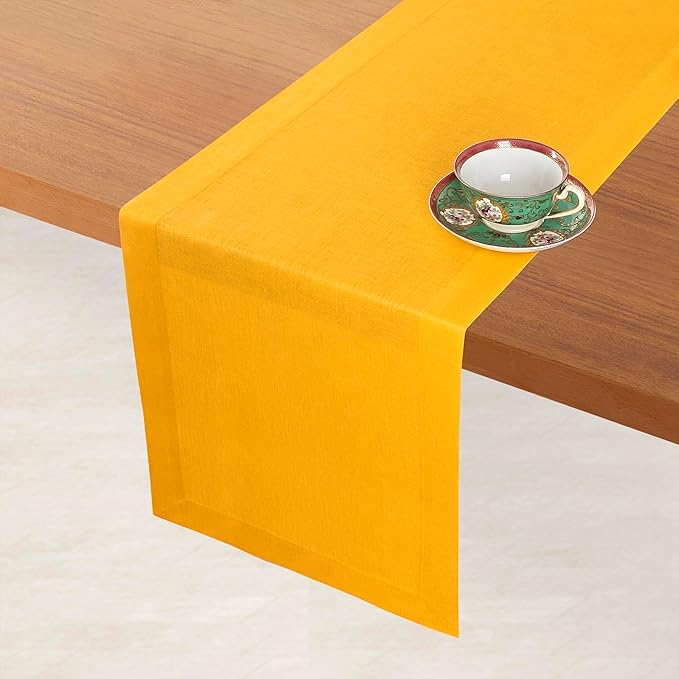 D'Moksha Homes Linen Table Runner 54 Inches - 100% Pure Linen Sunflower Yellow Table Runner 14 x 54 Inch for Dresser, Coffee Tables, Winter, Christmas, Holiday, New Year - Machine Washable