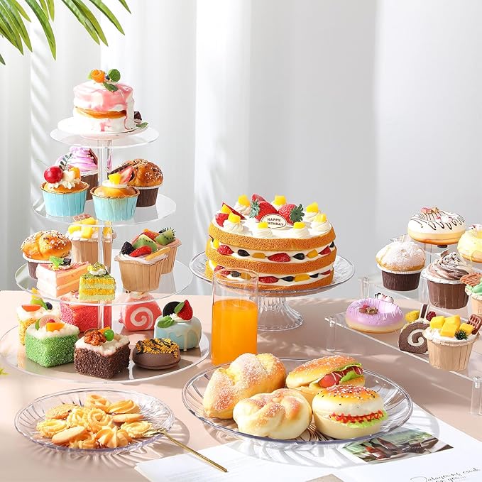 6 Pcs Acrylic Cake Stands Set Include 2 Display Risers 1 Pcs 4 Tier Cupcake Tower and 3 Clear Round Dessert Trays Cake Table Holder for Wedding Baby Shower Decoration(Novel Style)
