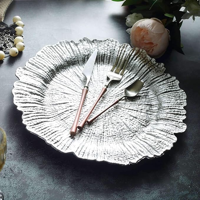 13" Charger Plates - Set of 24 - Acrylic Silver Round Reef Disposable Chargers, Ideal for Dinner Party Wedding Holiday Bulk Events