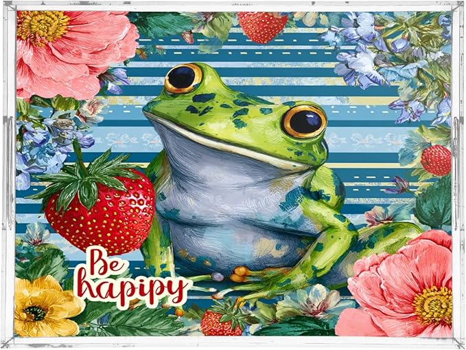 Serving Tray with Handles Clear Acrylic Tray 12x16 Inch Decorative Rectangular Tray Organizer for Ottoman Coffee Table Bathroom Cute Blue Striped Frog Floral Strawberry