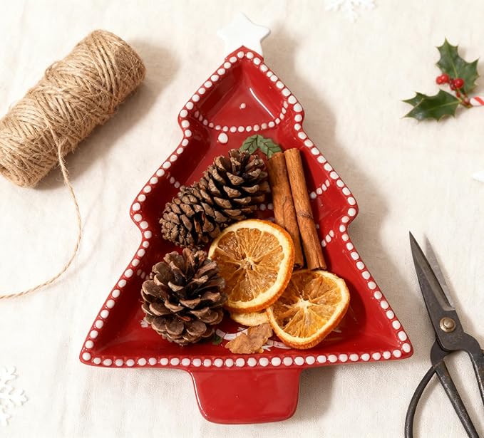 12 Inches Snacks Appetizer Trays Set, Christmas Tree Dessert Porcelain Serving Dishes, Snack Platter, Food Cereal Salad Tray, Red Xmas High Relief Ceramic Plate - Star
