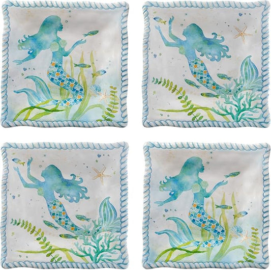 UP UPware Mermaid Melamine Square Dessert Plates, Small Serving Plates, for Appetizer, Snacks, and Side Dishes, Blue, 6 Inch, Set of 4