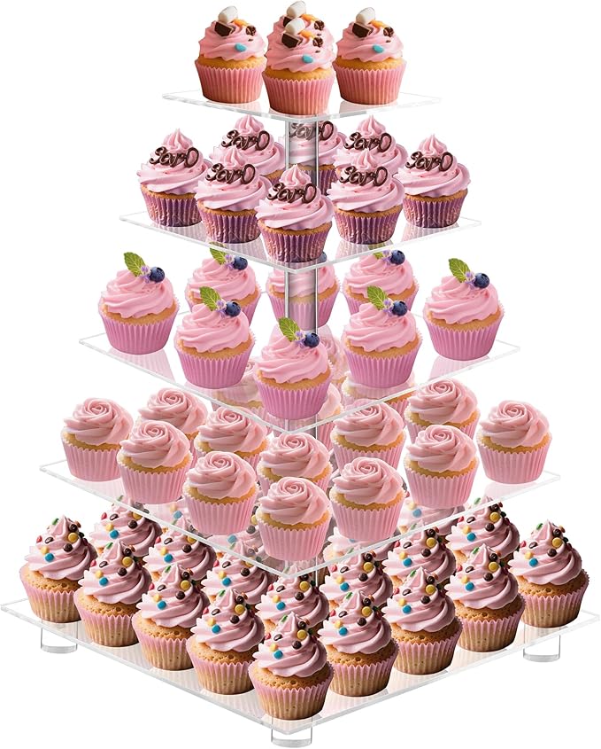 Cupcake Stand,5 Tier Large Cupcake Holder, Square Cupcake Tower Tree, Clear Cupcake Stand, Dessert Pastry Display Stand for Wedding, Party, Birthday