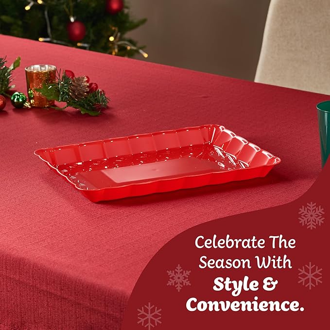 Plasticpro Plastic Serving Trays - Serving Platters Rectangle 9X13 Disposable Party Dish Includes 8 Red Christmas Trays