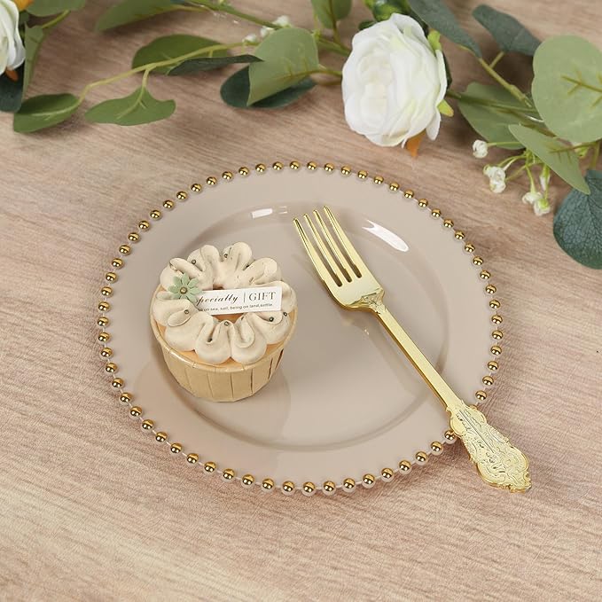 8" Salad Plates - Set of 20 - Plastic Taupe Round Disposable Dessert Appetizer Plate with Gold Beaded Rim, Ideal for Dinner Party Wedding Bulk Events