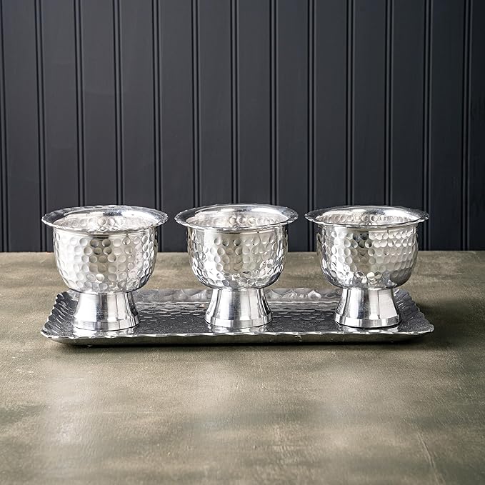 IHI EST. 1986 Hammered Design - Scalloped Edge - Pedestal Base - 4.5 x 3.75 Inch Silver Tone Stainless Steel Condiment Bowl Set