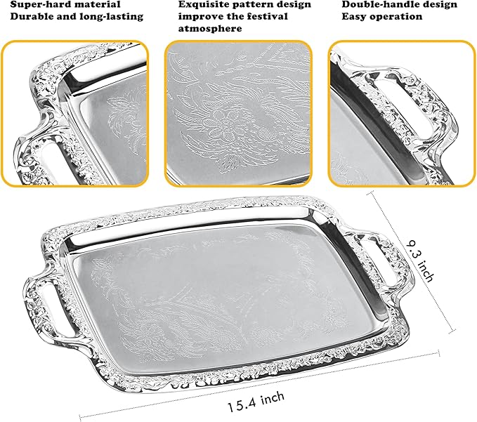 4-Pack Silver Serving Tray - Stainless Steel Platter with Handles Mirror Finish Silver Plates for Appetizers, Cookies, Charcuterie, Party Food Display & Home Decor