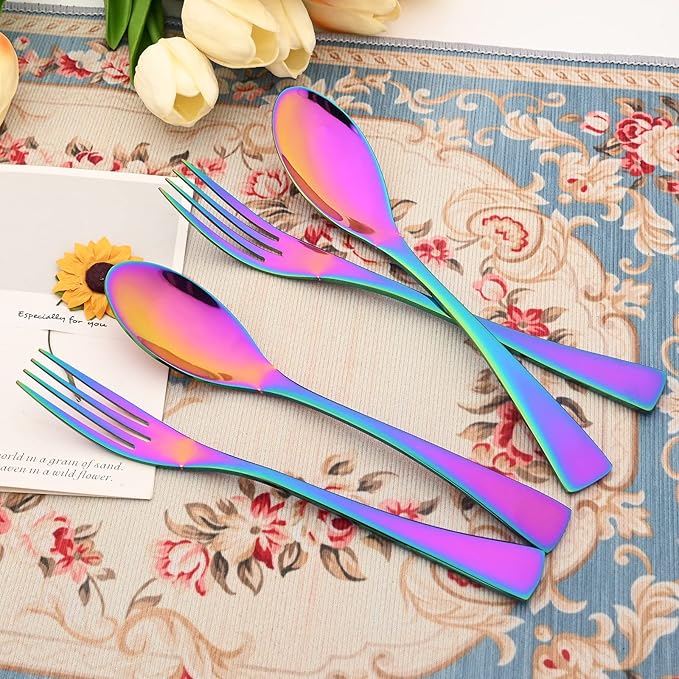 24-Piece 304 Silverware Set, Mirror Polish Serving Flatware Cutlery Set Include Steak Knife Fork Spoon, Wedding Kitchen Restaurant Utensils Daily Use, Service For 4, Rainbow