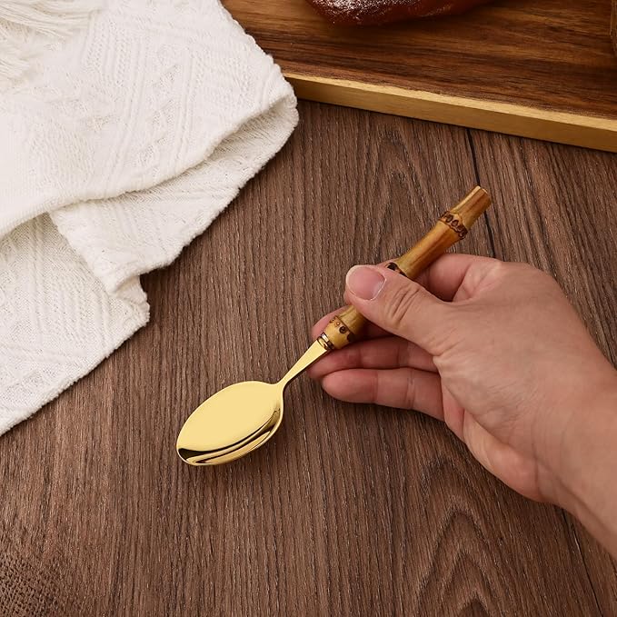 Stainless Steel Flatware Set, Bamboo Handle Silverware Set, Reusable Eating Utensils for Home Kitchen and Restaurant, Modern Gold Cutlery Set, 8 Pieces Dessert Spoons