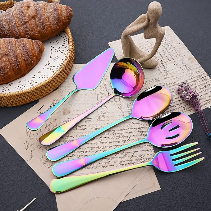 JASHII 25-Piece Fork Spoon Knife Silverware Set with Serving Utensils for 4, Food Grade Stainless Steel Flatware Cutlery Set for Home and Restaurant, Dishwasher Safe - Shiny Rainbow