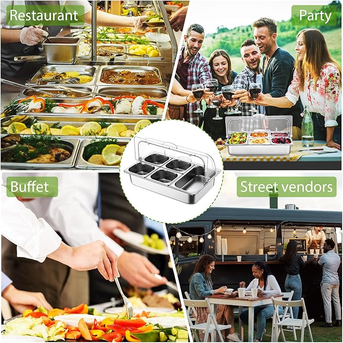 Countertop Food Serving Display Container and Clear Roll Top Cover Stainless Steel Food Serving Tray Buffet Condiment Dispenser Display Rack for Restaurant Hotel Kitchen Party (21 x 13 x 11)