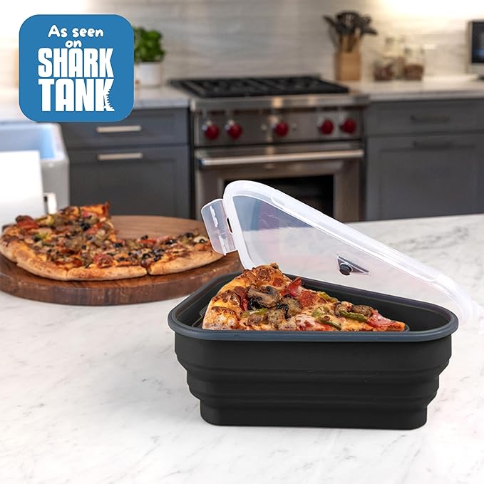 PIZZA PACK The Perfect Reusable Pizza Storage Container with 5 Microwavable Serving Trays - BPA-Free Adjustable Pizza Slice Container to Organize & Save Space, 4 Pack, Black