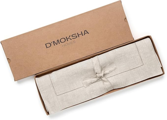 D'Moksha Homes Linen Light Natural Table Runner 120 Inches Long - 100% Pure Linen Hemstitch 14 x 120 Inch Table Runner for Dining, Winter, Christmas, Holiday, New Year - Classic Hemstitch