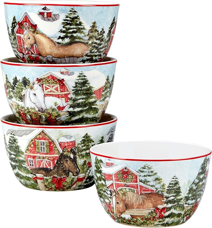 Homestead Christmas 16-Piece Dinnerware Set – Holiday Tableware for 4 with Festive Horse & Barn Scenes – Winter Ceramic Plates, Bowls & Mugs – Farmhouse Country Christmas Décor