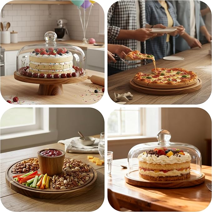 Acacia Wood Cake Stand with Scratch-Resistant Glass Dome Lid – 12-Inch Round Cake Holder with Screw-Type Base, Wooden Dessert Display Stand with Cover for Cakes, Pastries, Cheese & Charcuterie