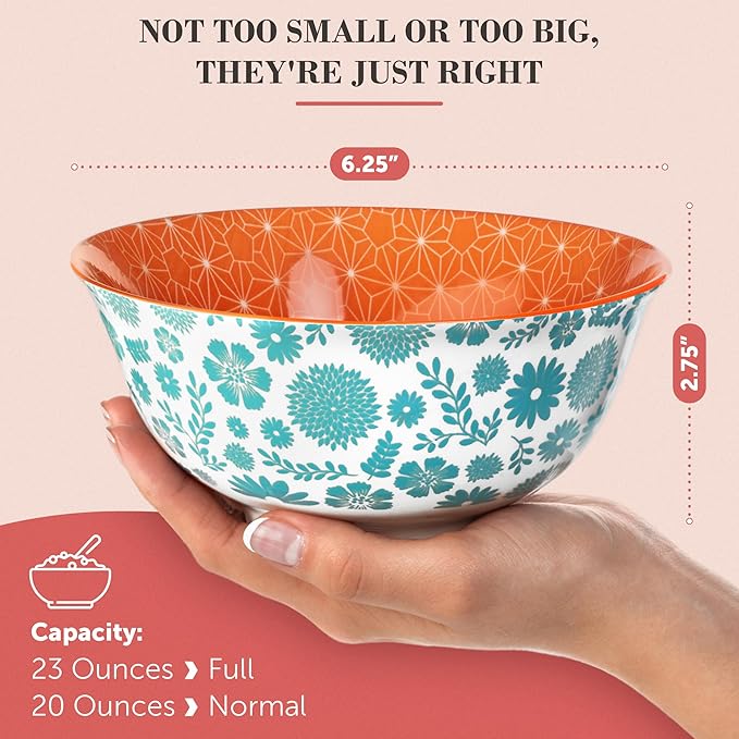 Annovero Cereal Bowl - Dishes for Serving Soup, Salad, Breakfast - Decorative Colorful Porcelain Bowls for Kitchen - Microwave, Dishwasher, Oven Safe - Zero Lead & Cadmium - 23 Oz - Set of 6