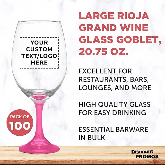 Custom Rioja Grand Wine Glasses 20.75 oz. Set of 100, Personalized Bulk Pack - Perfect for Hotel, Bar, Restaurant or Lounge - Pink