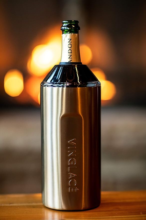 Vinglacé Wine Bottle Chiller Gift Set- Portable Stainless Steel Wine Cooler with 2 Stemless Wine Glasses, Copper