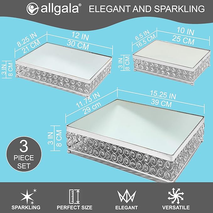 allgala Wedding Cake Stands 3-Piece Set Crystal Silver Cheese Dessert Cupcake Cake Stand with Mirror Plate-Silver Rectangle-HD89205