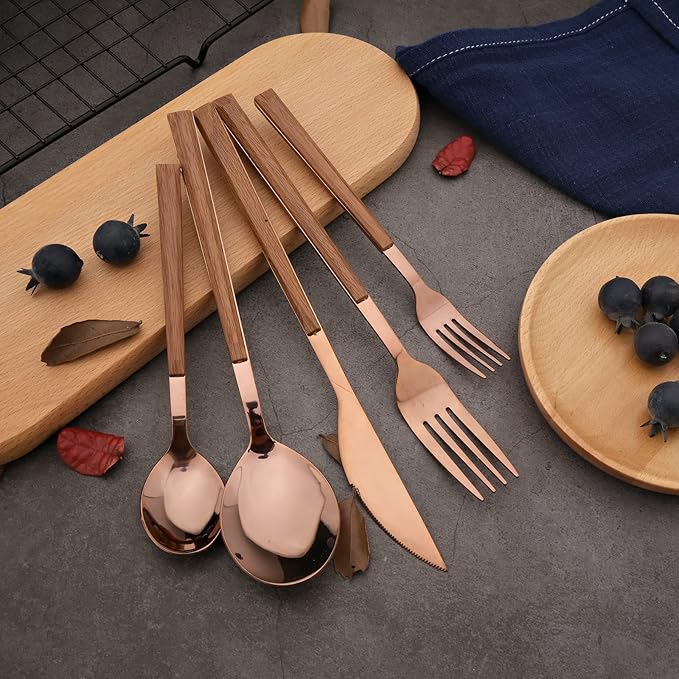 Korean Style Wood Flatware Stainless Steel Fork/Spoon/Knife/Teaspoon with Wooden Square Handle Cutlery Set of 4 Dinnerware for Home, Kitchen, Restaurant, Gift - Rose Gold