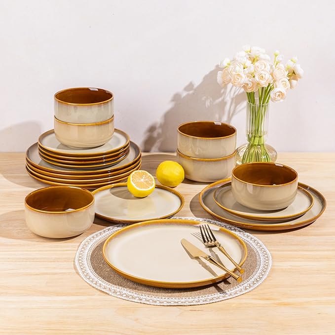 LERATIO Ceramic Dinnerware Sets for 4,16-PieceReactive Glaze Plates and Bowls Set with Mugs,Highly Chip and Crack Resistant | Dishwasher,Microwave & Oven Safe Dishes set-Kahki