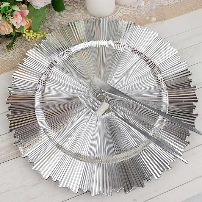 13" Charger Plates - Set of 24 - Metallic Silver with Sunray Scalloped Rim Plastic Chargers, Disposable Round Acrylic Serving Trays For Dinner Wedding Party Events