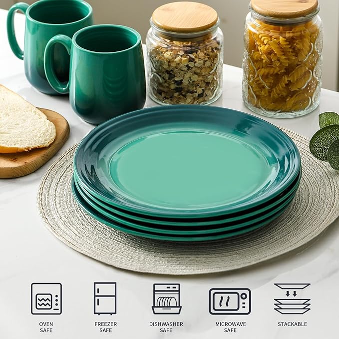 Hasense Ceramic Dinner Plates Set of 4, 10 Inch Premium Dinnerware Dishes, Salad Serving Plates Elegant & Durable, Oven, Microwave & Dishwasher Safe, Perfect for Family and Entertaining,Gradient Green