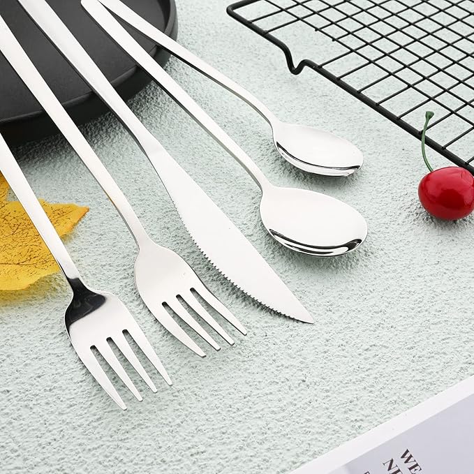 Knives and Forks Set Flatware Set Korean Silverware SUS304 Stainless Steel Kitchen Dinnerware Portable Utensils for Home, Camping Restaurant Christmas Gift - Shiny Silver