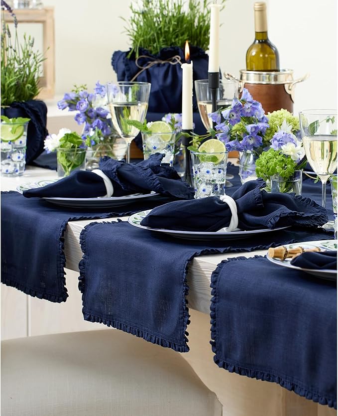 Solino Home Navy Blue Linen Dinner Napkins 20 x 20 Inch - 100% Pure Linen Juliette Ruffle Cloth Napkins Set of 4 - Handcrafted and Machine Washable